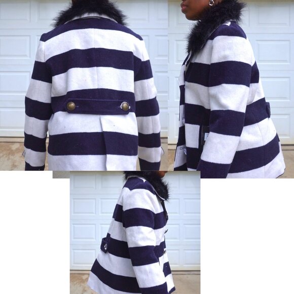 NWT Jack by BB Dakota Striped Peacoat Size L - Navy White Faux Fur Collar - Picture 6 of 16